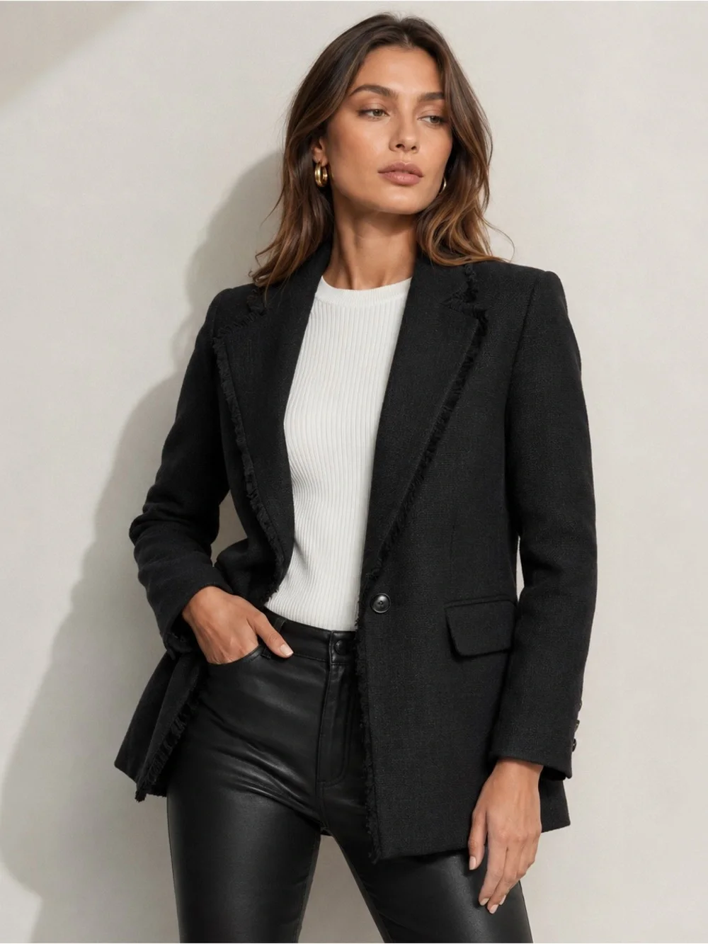 NWT Karl Lagerfeld Frayed Edge Detail Tweed Blazer Black Size 12